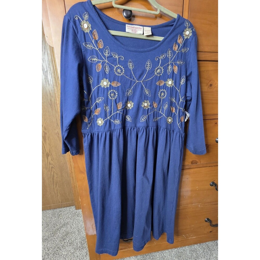 Vermont Country Store Dress Size Large Embroidered Floral Blue